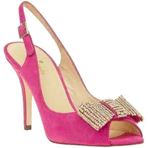 Kate Spade Crown Heels Fuchsia Suede w/ Crystal Bow Pink 8.5 B In Box/Bag $398 - Picture 1 of 12